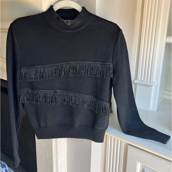 St. John Sport by Marie Gray Sweaters - St. John Sport by Marie Gray Black Mock Neck Long Sleeve Fringe Sweater Sz Small